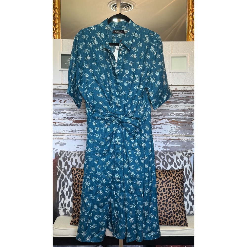 Lauren Ralph Lauren Indigo Blue Floral Linen Tie Front Shirt Dress 16 NEW W/T